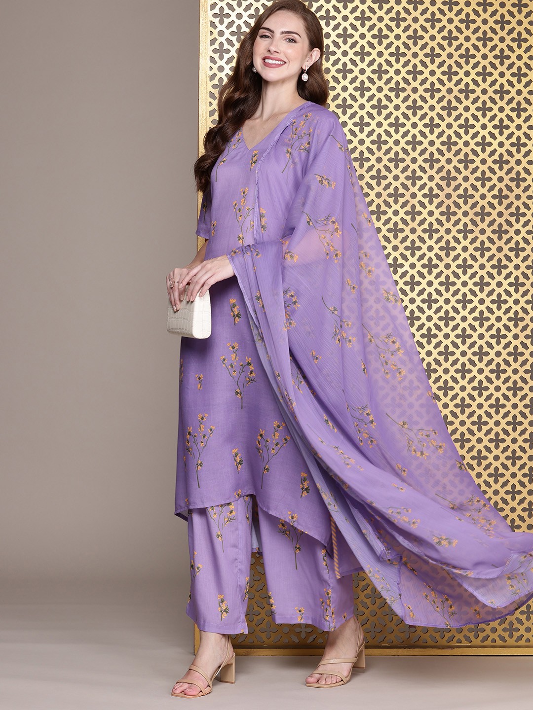

House of Pataudi Floral Printed Regular Jashn Kurta With Palazzos & With Dupatta, Purple