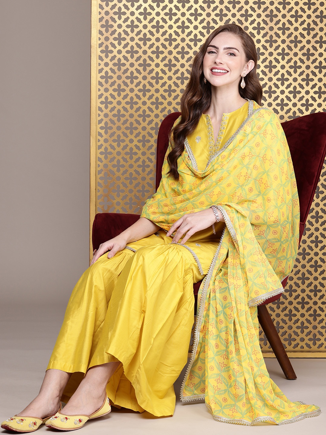 

House of Pataudi Regular Sequinned Jashn Kurti With Sharara & With Dupatta, Yellow