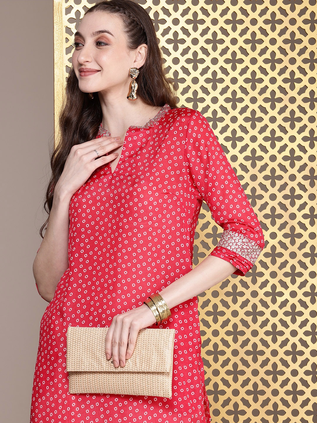 

House of Pataudi Geometric Printed Mandarin Collar Sequinned Kurta, Fuchsia