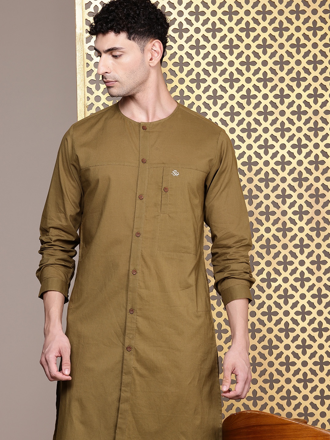 

House of Pataudi Solid Pure Cotton Rozana Straight Kurta, Olive
