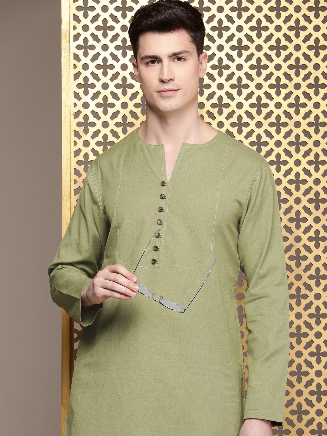 

House of Pataudi Solid Cotton Linen Jashn Kurta, Olive