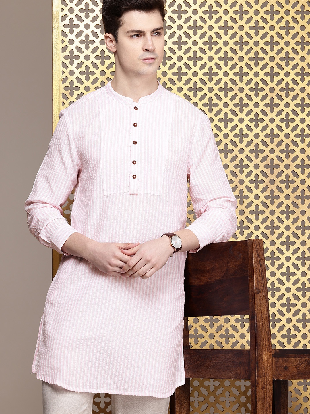 

House of Pataudi Jashn Striped Kurta, Pink