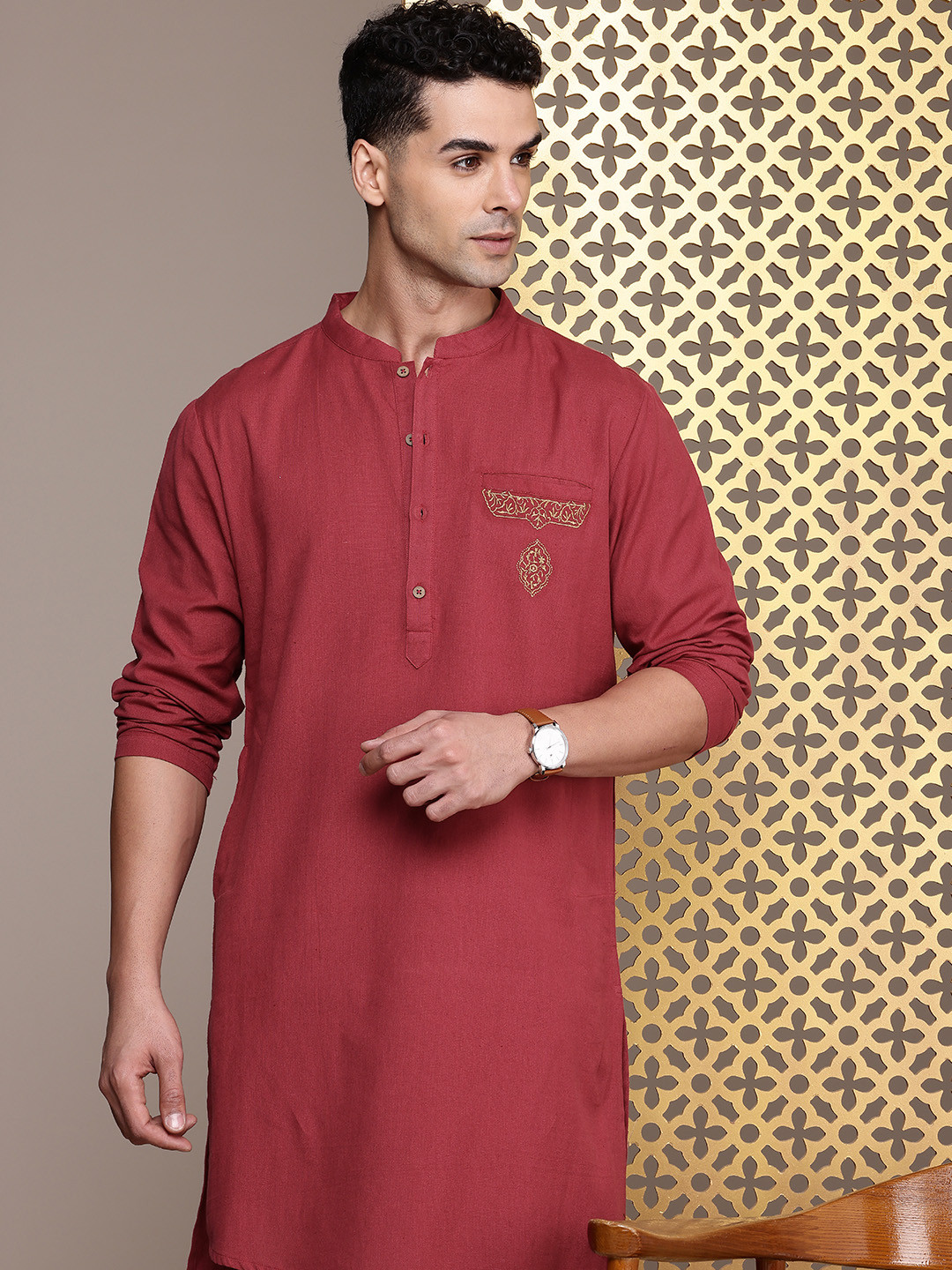 

House of Pataudi Jashn Cotton Linen Zari Work Kurta, Maroon
