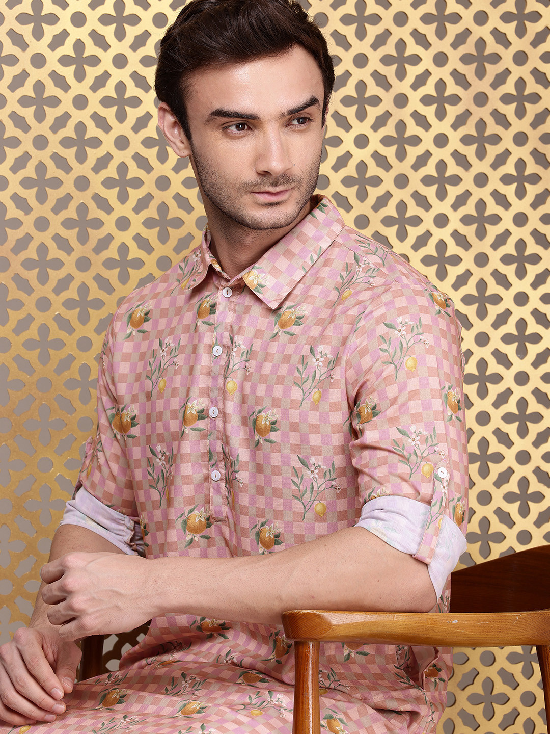 

House of Pataudi Checked Jashn Kurta, Pink