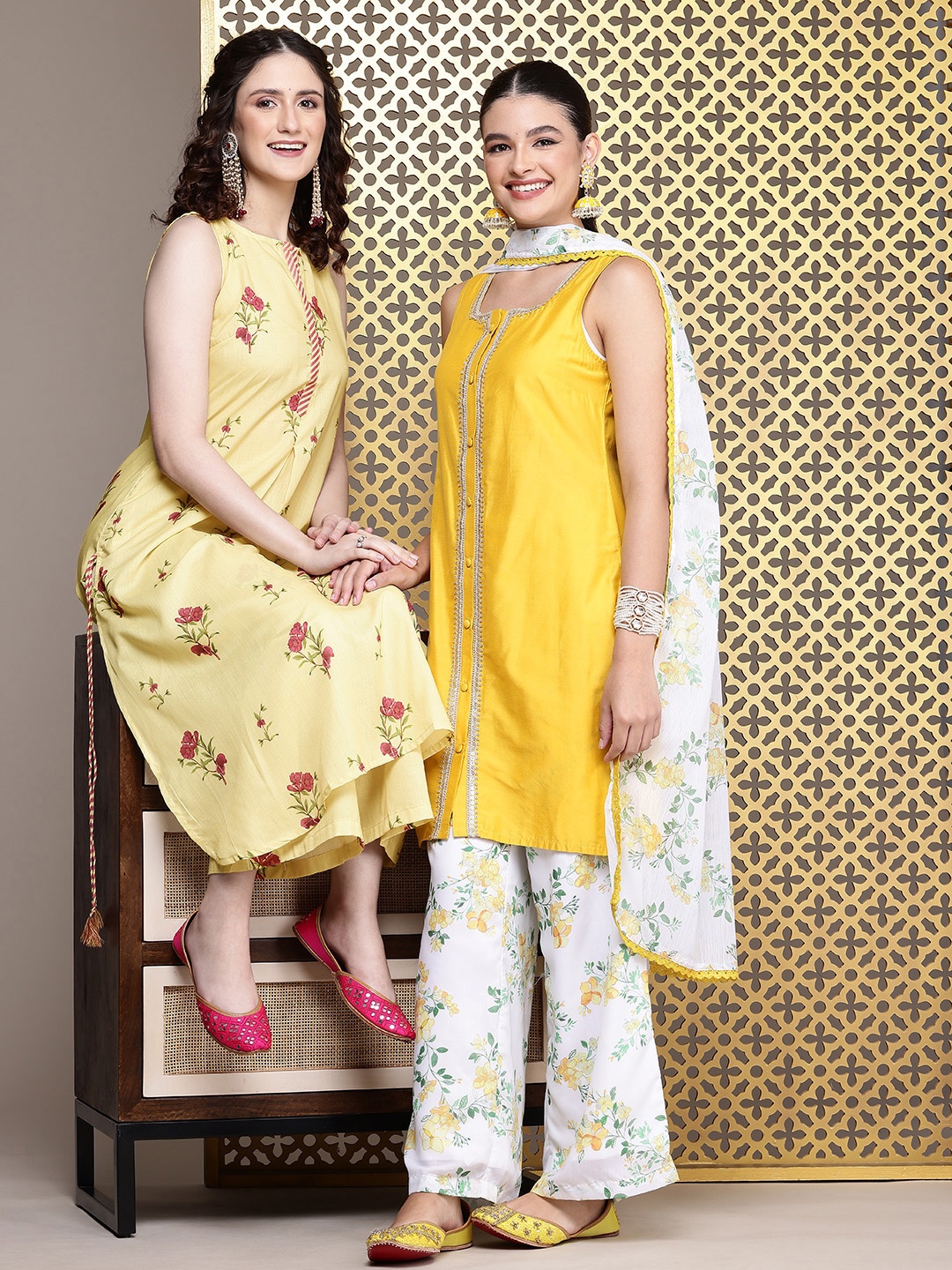 

House of Pataudi Floral Printed Regular Jashn Kurta With Palazzos, Yellow