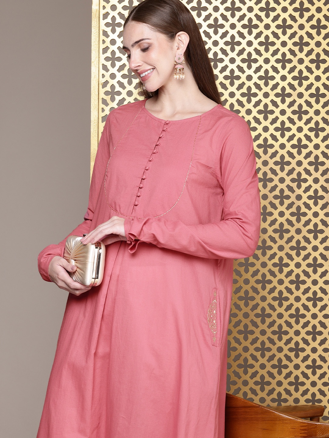 

House of Pataudi Pure Cotton Jashn Kurta, Rose