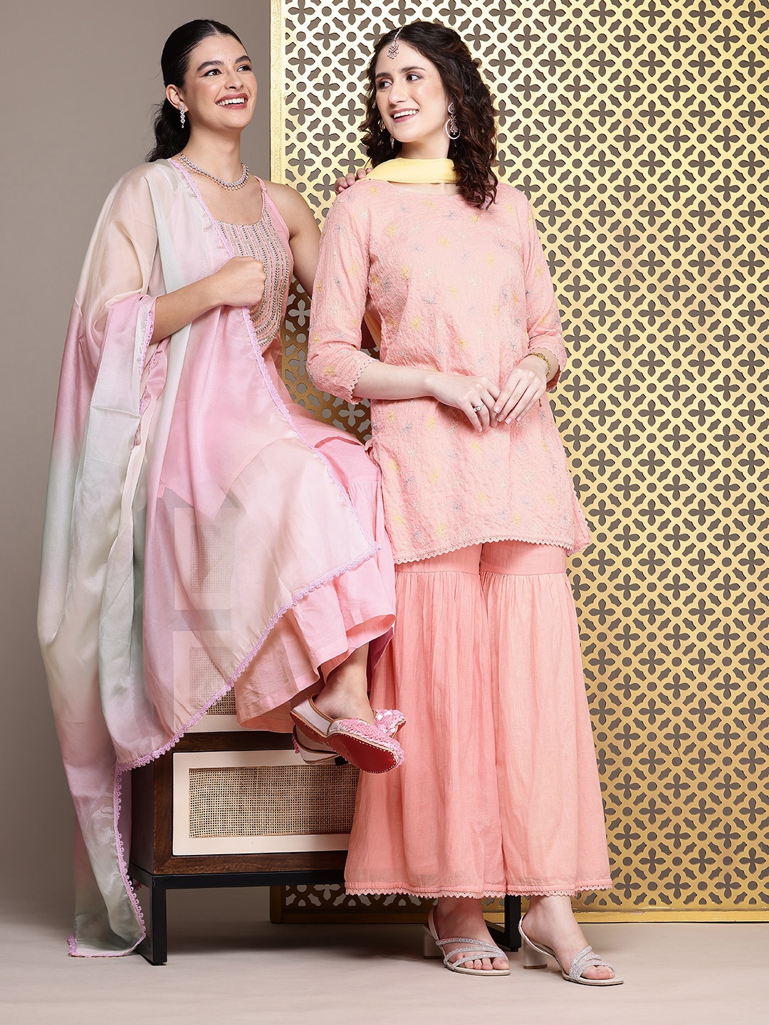 

House of Pataudi Women Floral Yoke Design Pure Cotton Jashn Kurta with Sharara & Dupatta, Pink