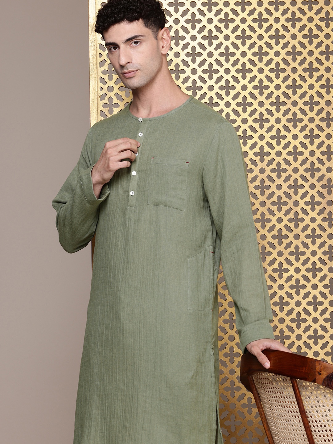 

House of Pataudi Pure Cotton Jashn Kurta, Olive