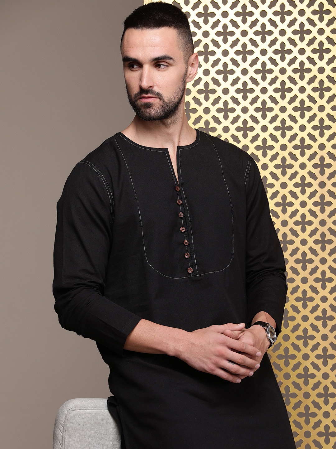 

House of Pataudi Solid Cotton Linen Jashn Kurta, Black