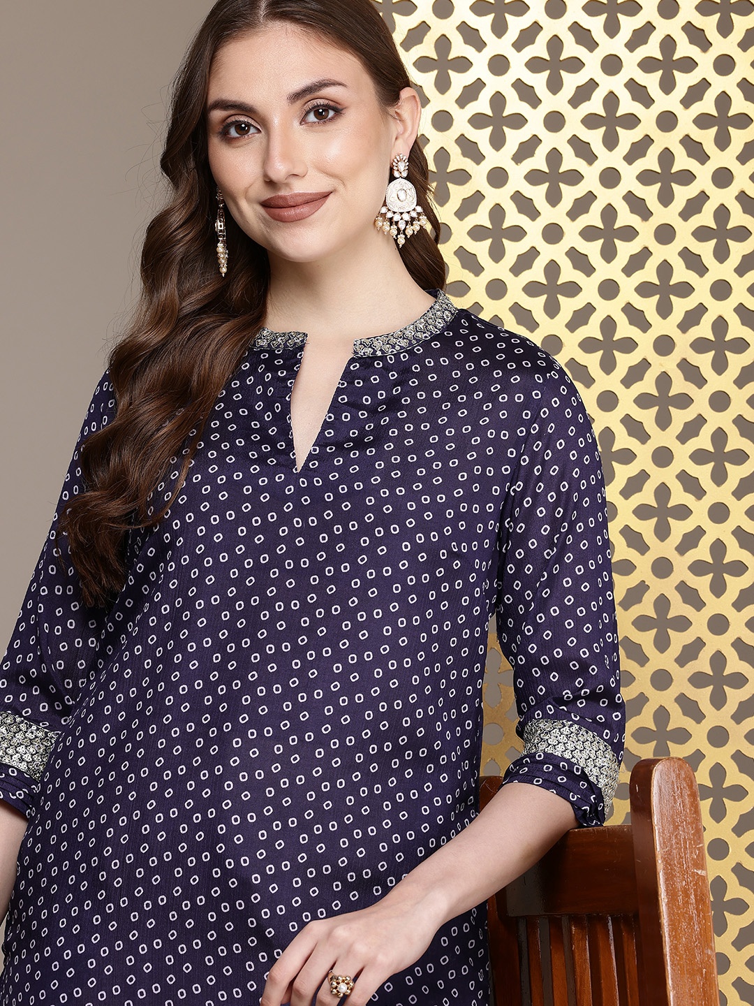

House of Pataudi Geometric Printed Sequinned Jashn Kurta, Blue