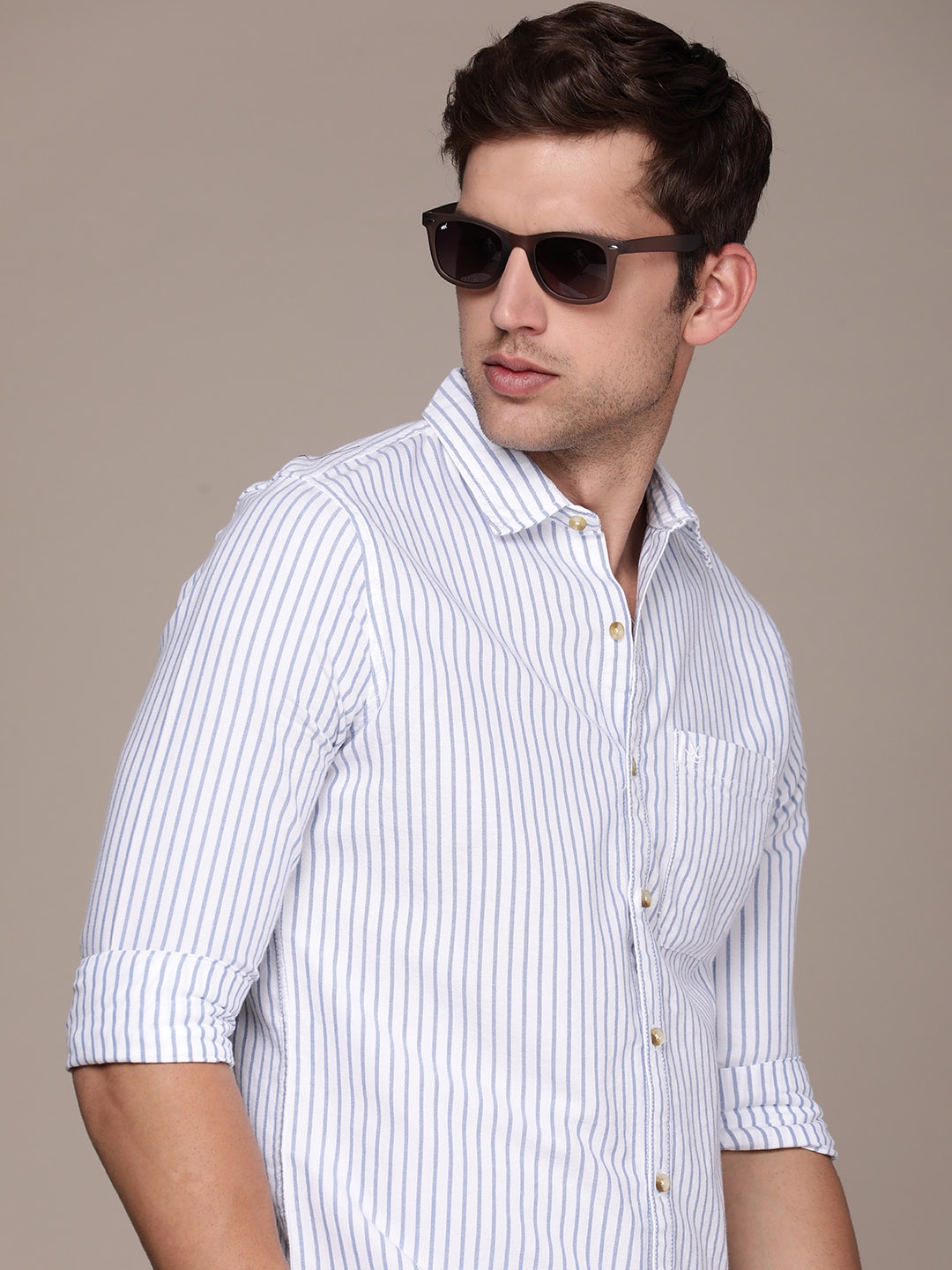 

WROGN Slim Fit Striped Pure Cotton Casual Shirt, Blue