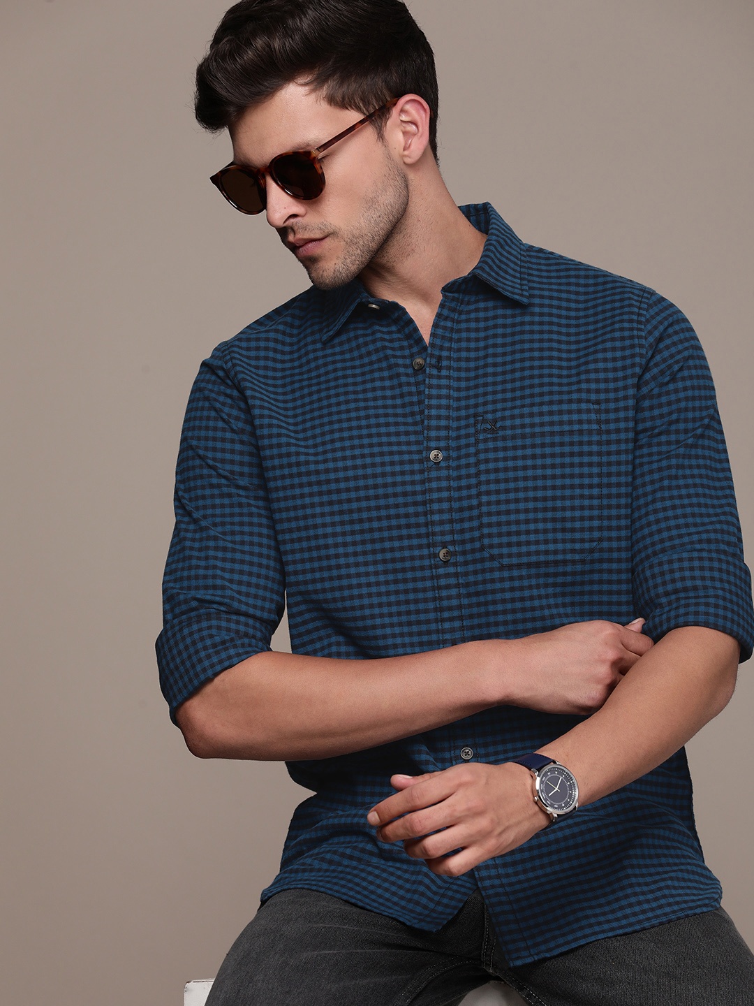 

WROGN Slim Fit Gingham Checked Casual Shirt, Blue