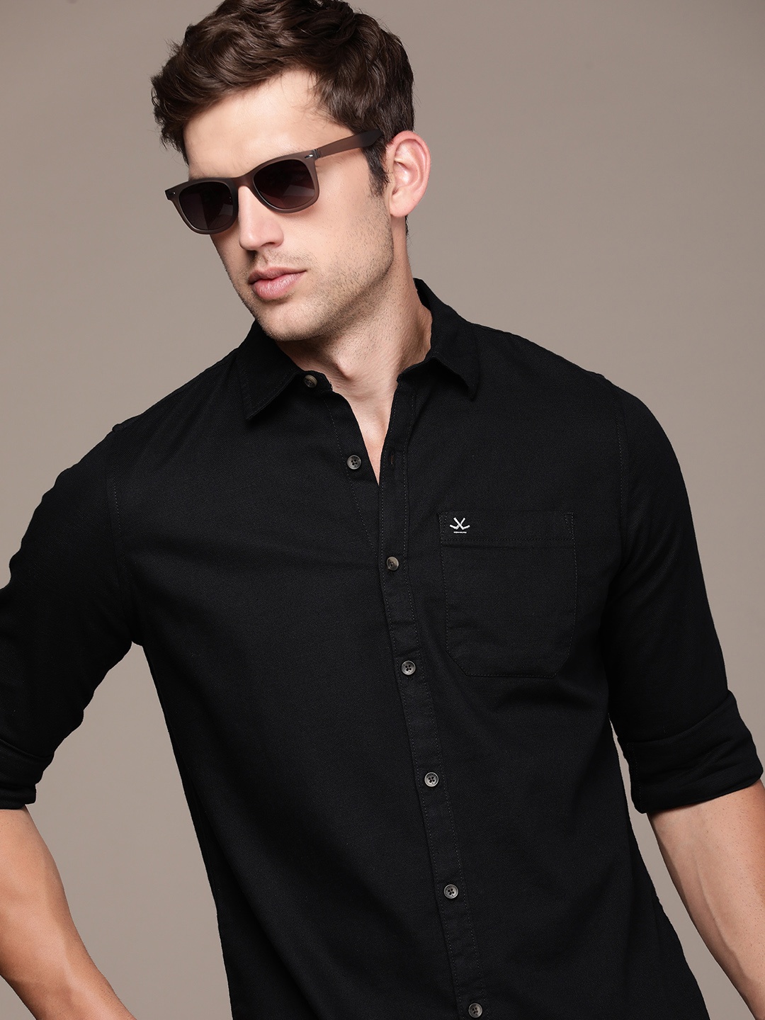 

WROGN Self Design Slim Fit Casual Shirt, Black