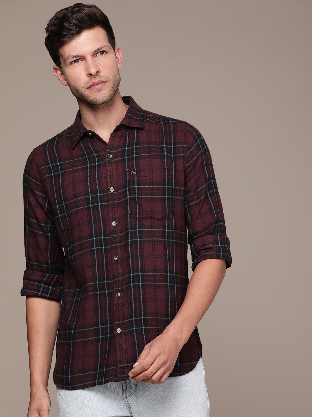 

WROGN Pure Cotton Slim Fit Checked Casual Shirt, Maroon