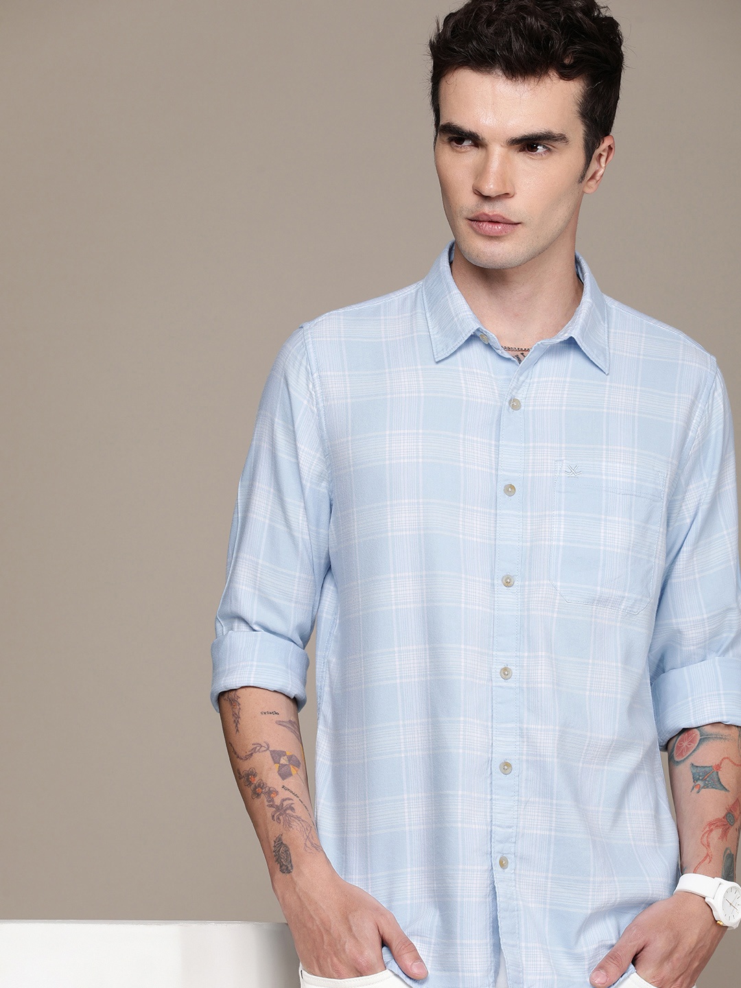 

WROGN Slim Fit Checked Casual Shirt, Blue