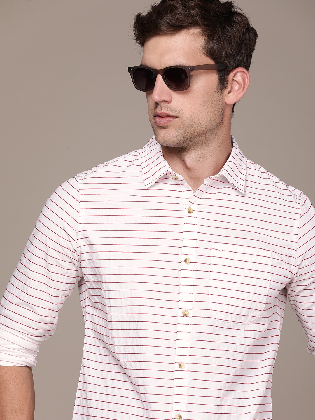 

WROGN Slim Fit Horizontal Striped Pure Cotton Casual Shirt, White