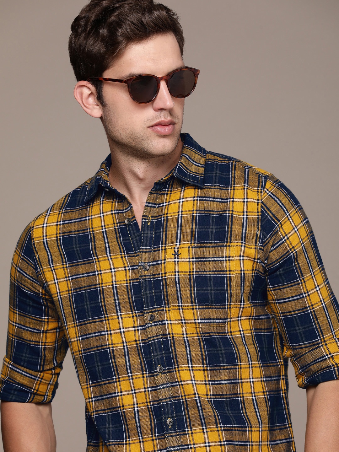 

WROGN Pure Cotton Slim Fit Checked Casual Shirt, Yellow