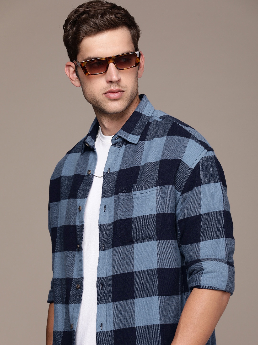 

WROGN Pure Cotton Checked Oversized Casual Shirt, Blue