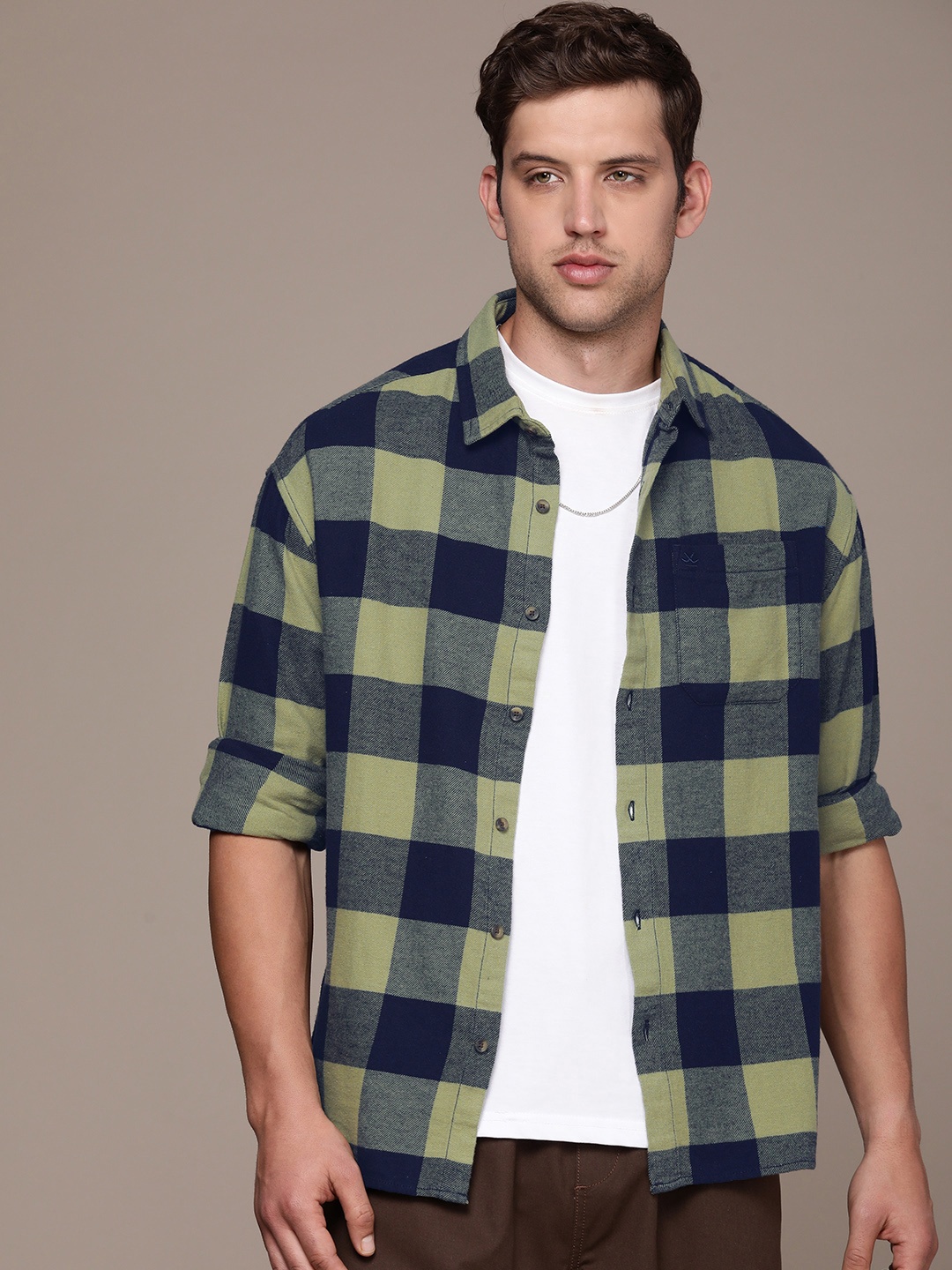 

WROGN Pure Cotton Checked Oversized Casual Shirt, Olive