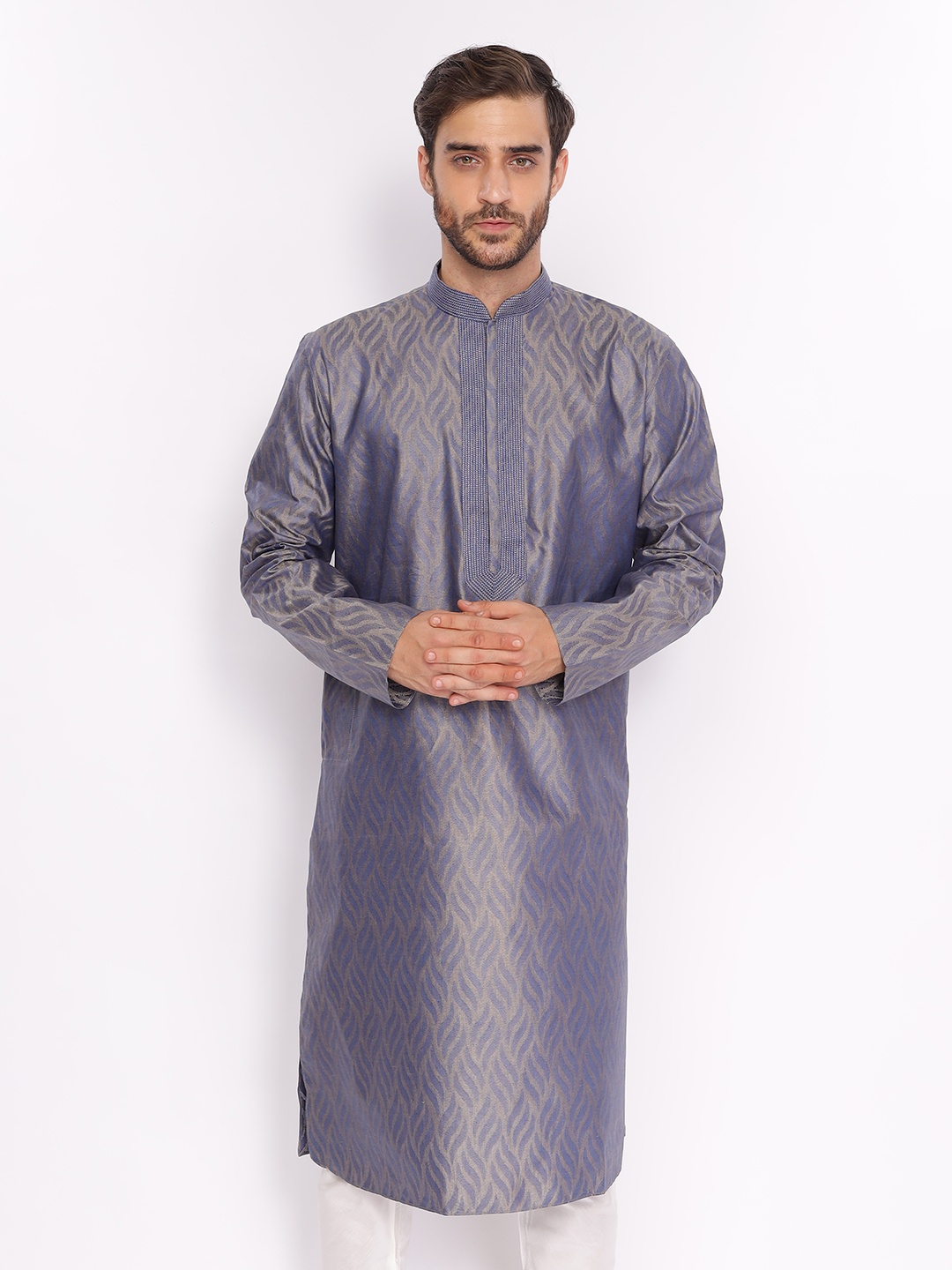 

ZOIS Abstract Printed Thread Work Mandarin Collar Straight Kurta, Blue