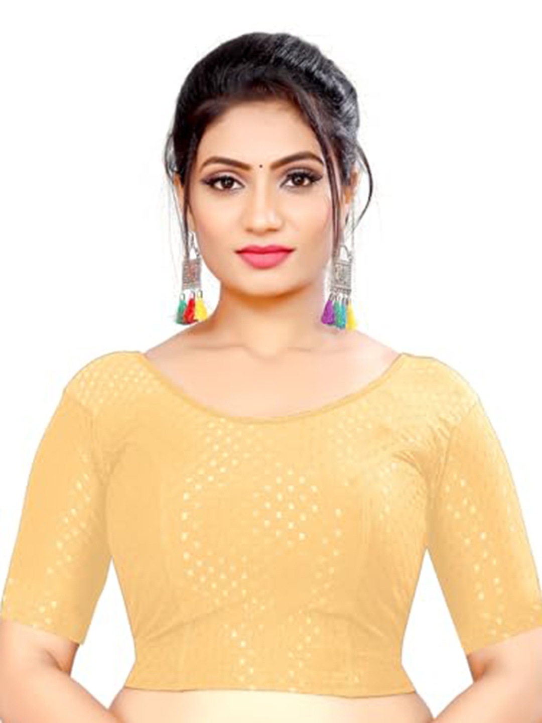 

BAESD Woven Design Round Neck Saree Blouse, Beige