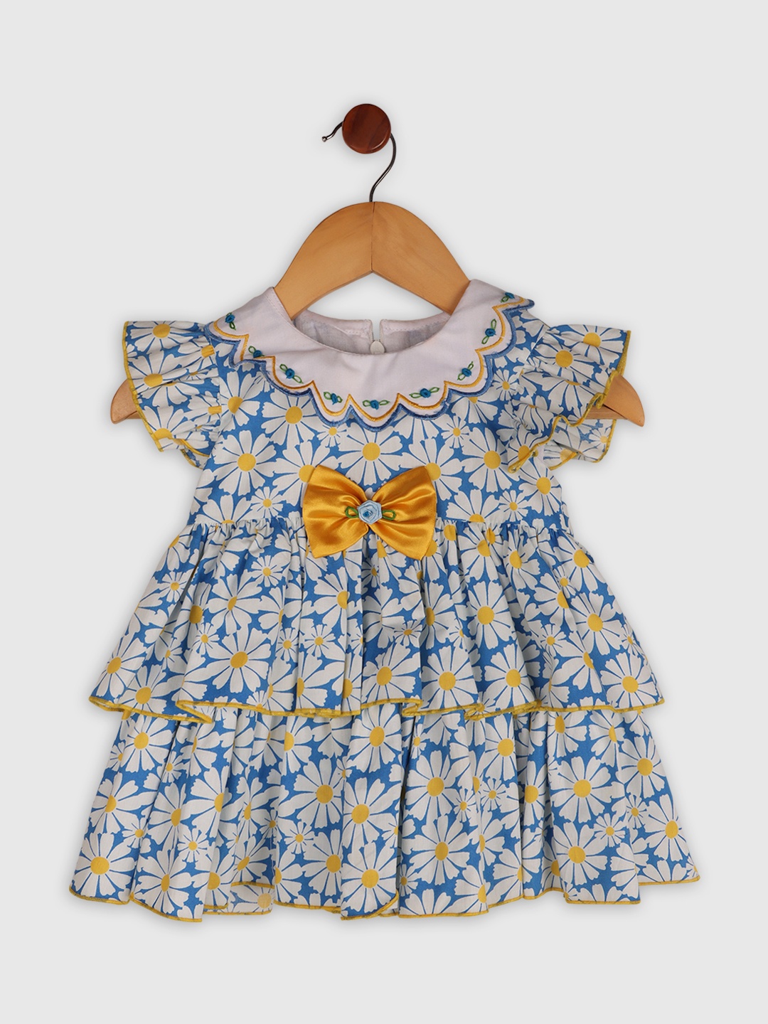 

BAESD Girls Floral embroidered Peter Pan Collar Flutter Sleeve Cotton Layered A-Line Dress, White