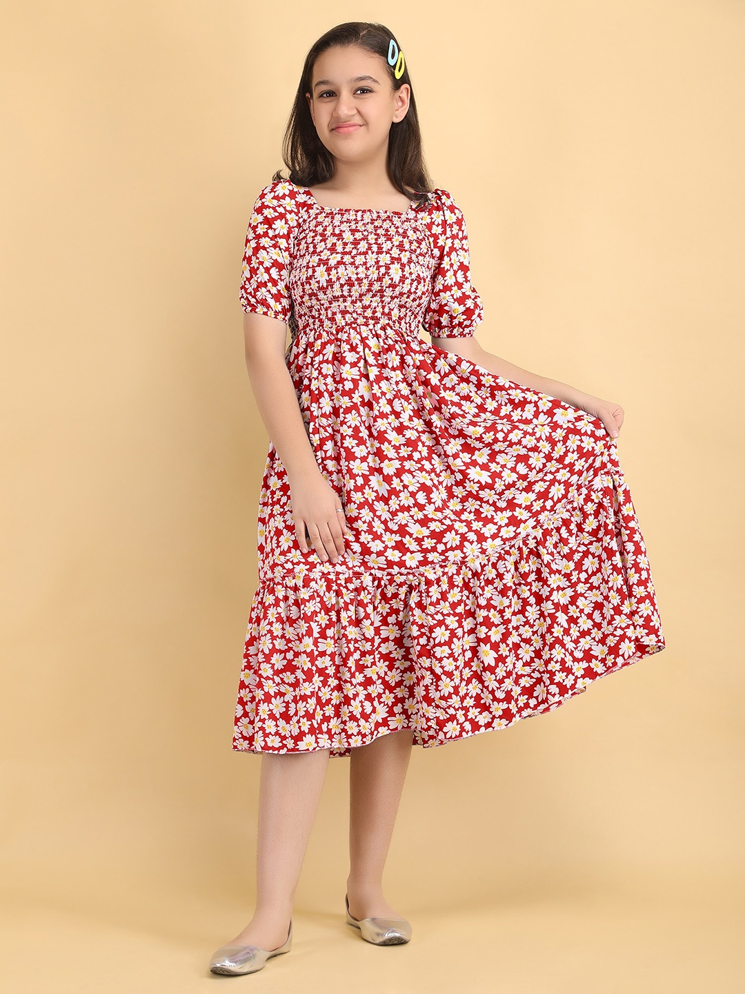 

DEKLOOK Kids-Girls Floral Print Square Neck Puff Sleeves Fit & Flare Midi Dress, Red