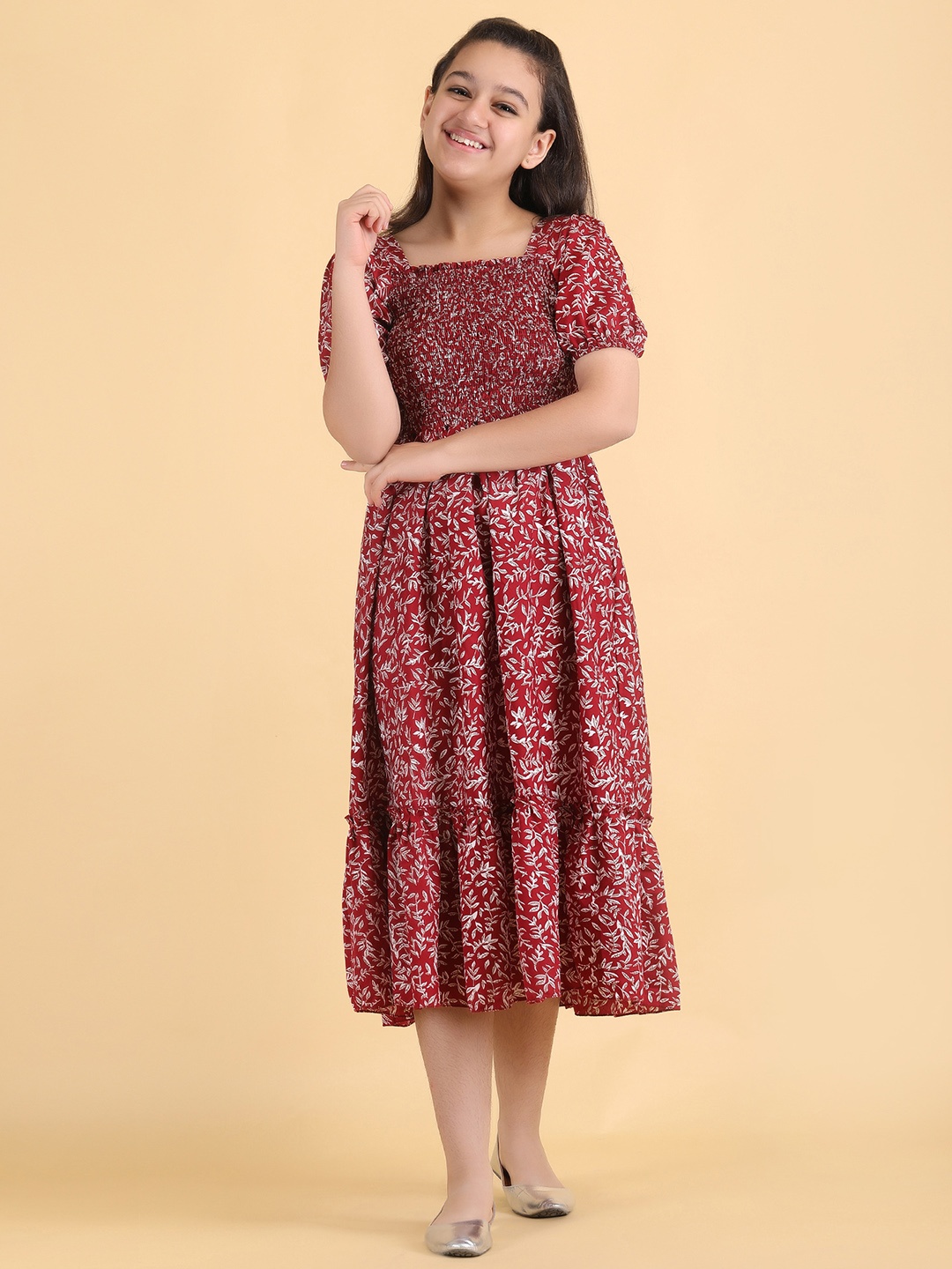

DEKLOOK Kids-Girls Floral Print Square Neck Puff Sleeves A-Line Midi Dress, Maroon