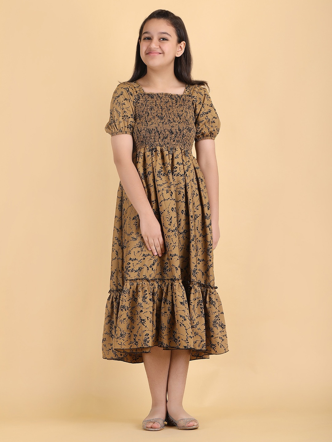 DEKLOOK Girls Floral Printed Puff Sleeve Fit and Flare Midi Dress, Brown