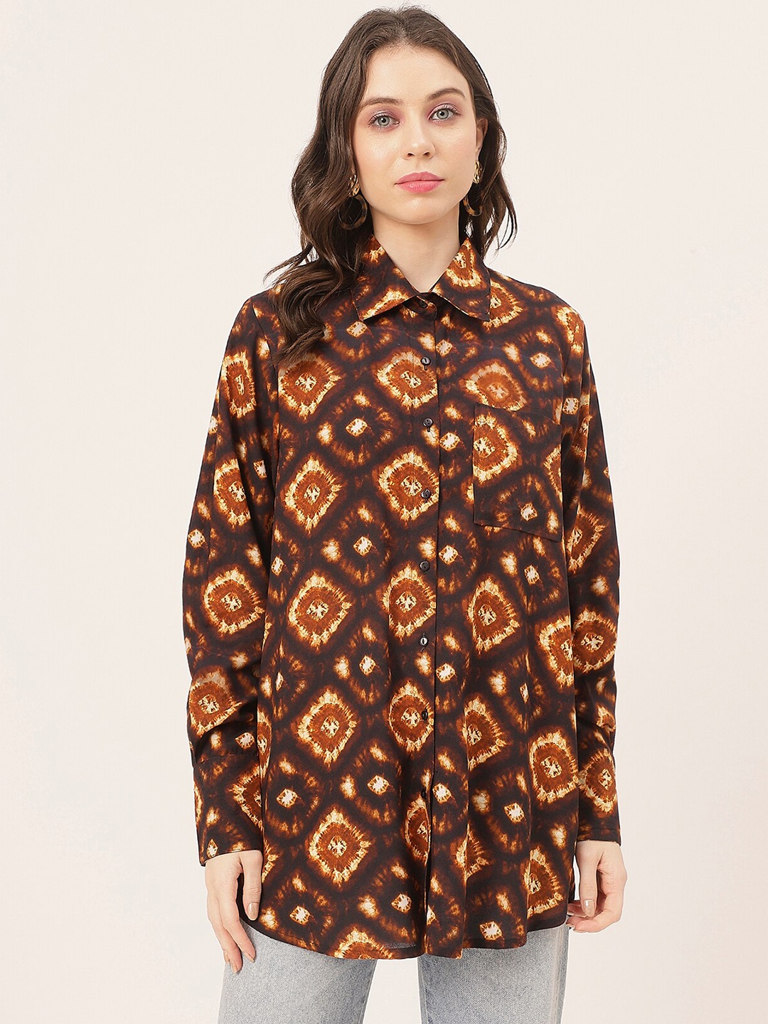 

Moomaya Geometric Printed Spread Collar Longline Casual Shirt, Brown