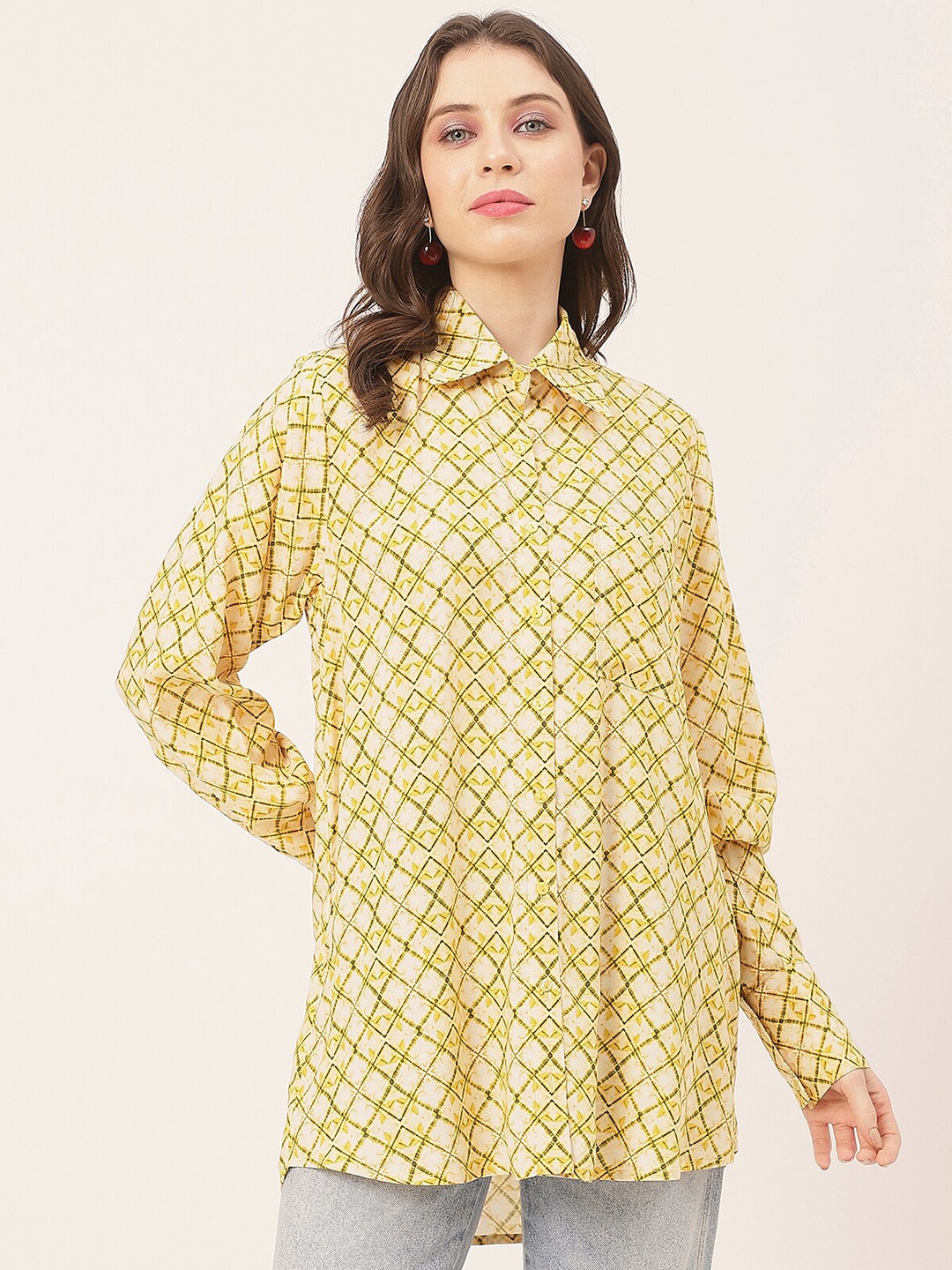 

Moomaya Geometric Printed Longline Casual Shirt, Yellow