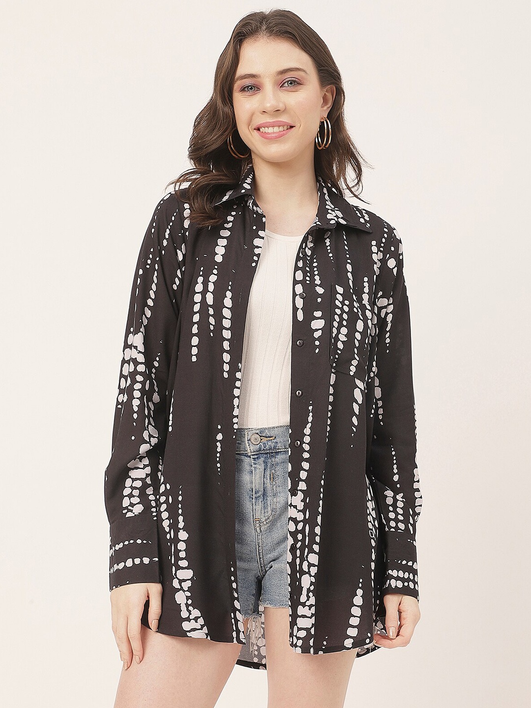

Moomaya Abstract Printed Spread Collar Casual Shirt, Black