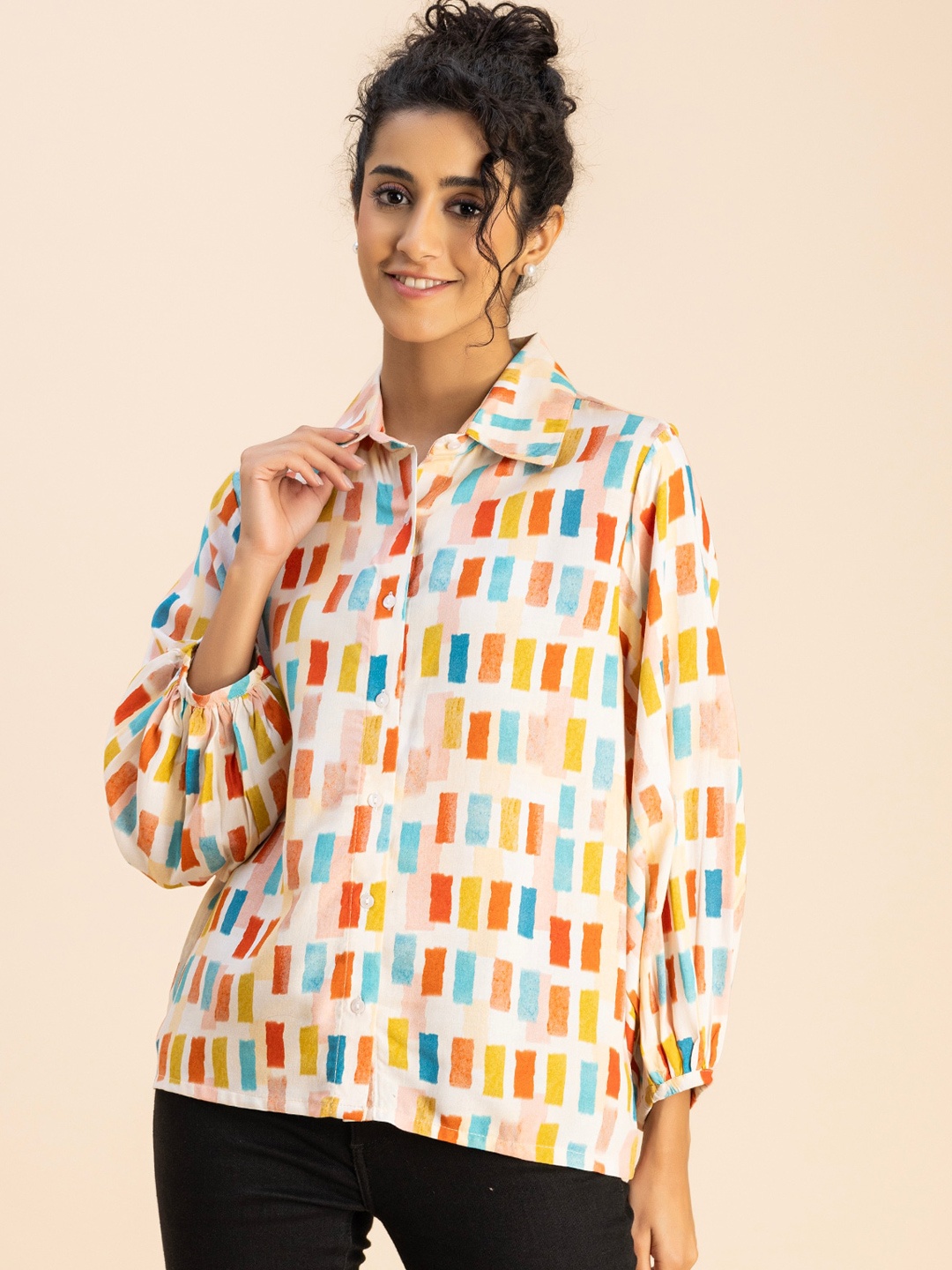 

Moomaya Geometric Printed Spread Collar Casual Shirt, White