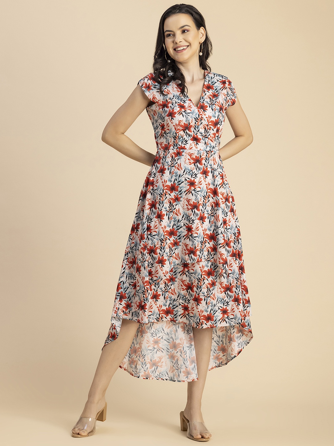 

Moomaya Floral Printed Mandarin Collar Fit & Flare Midi Dress, Red
