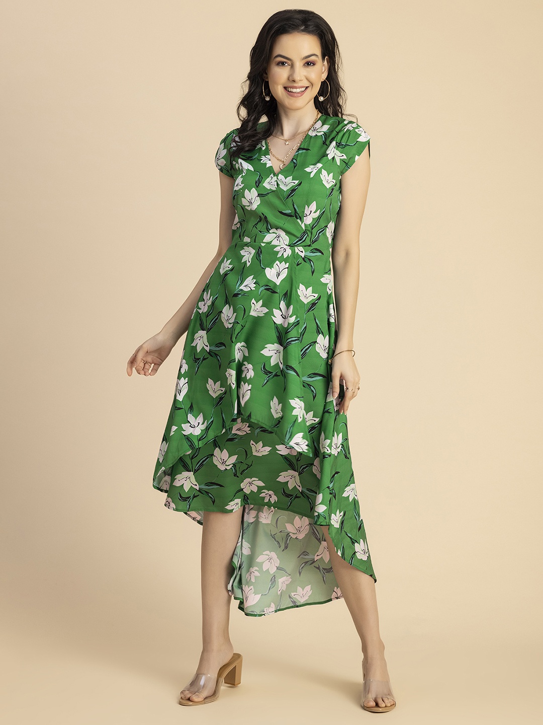 

Moomaya Floral Printed High-Low A-Line Midi Dress, Green