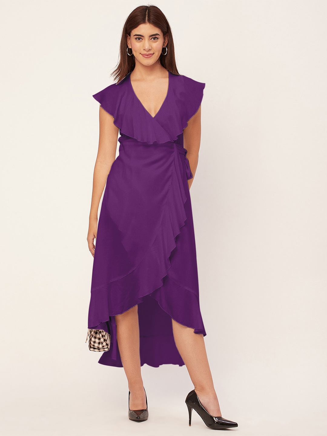 

Moomaya V Neck Flutter Sleeves Wrap Midi Dress, Purple