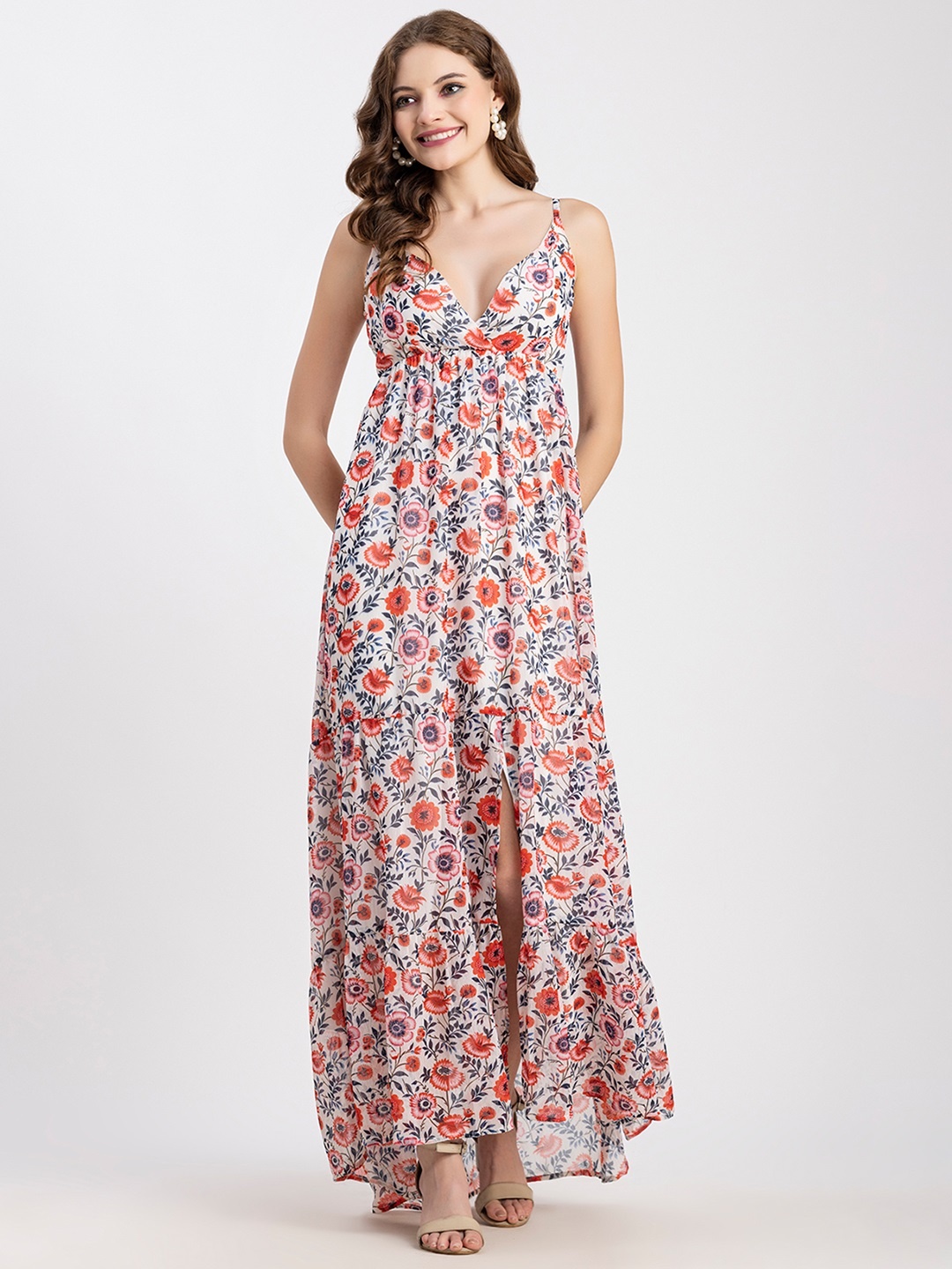 

Moomaya Floral Printed Flared Maxi Dress, White