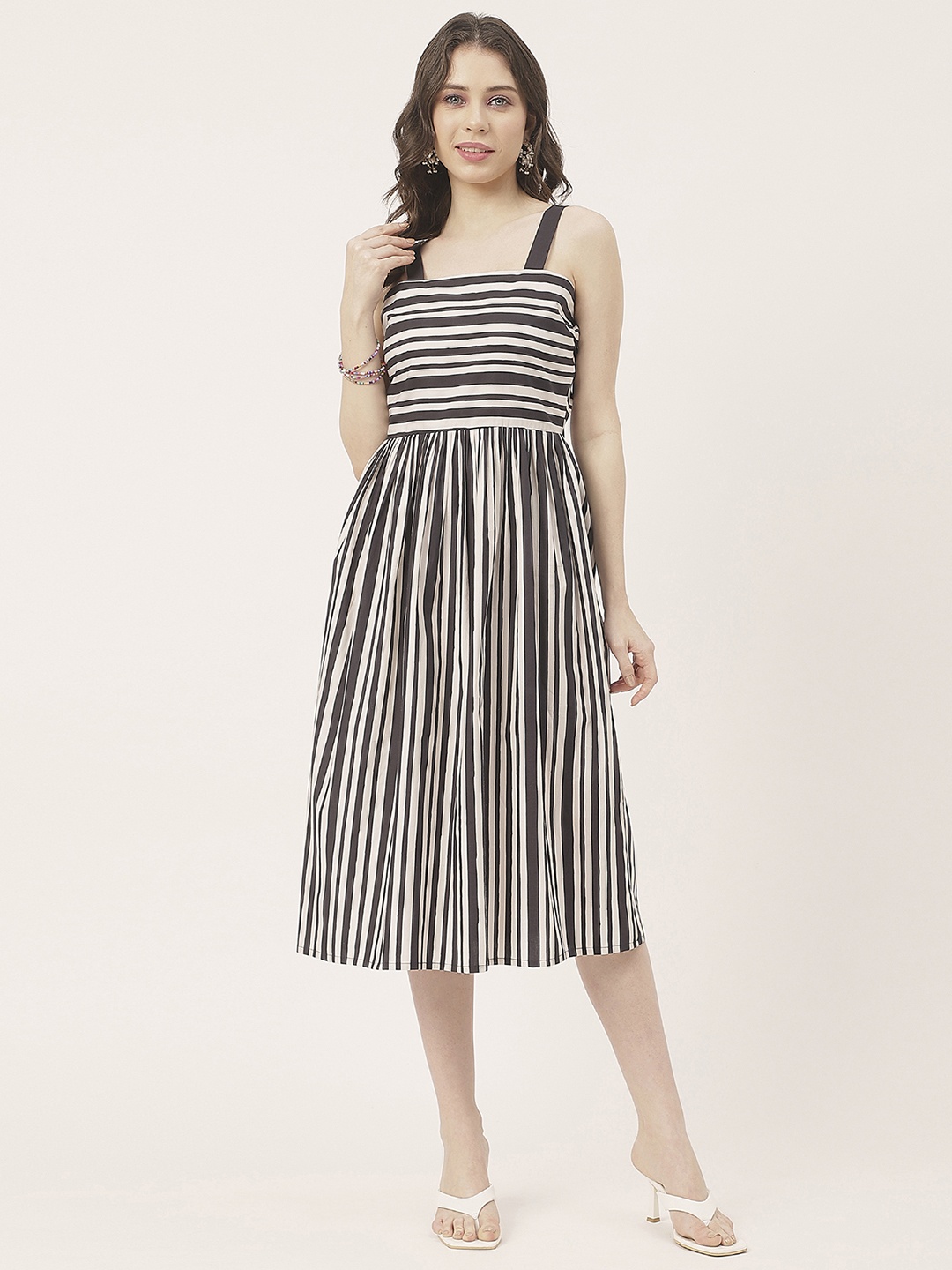 

Moomaya Striped Cotton Flared Fit & Flare Midi Dress, White