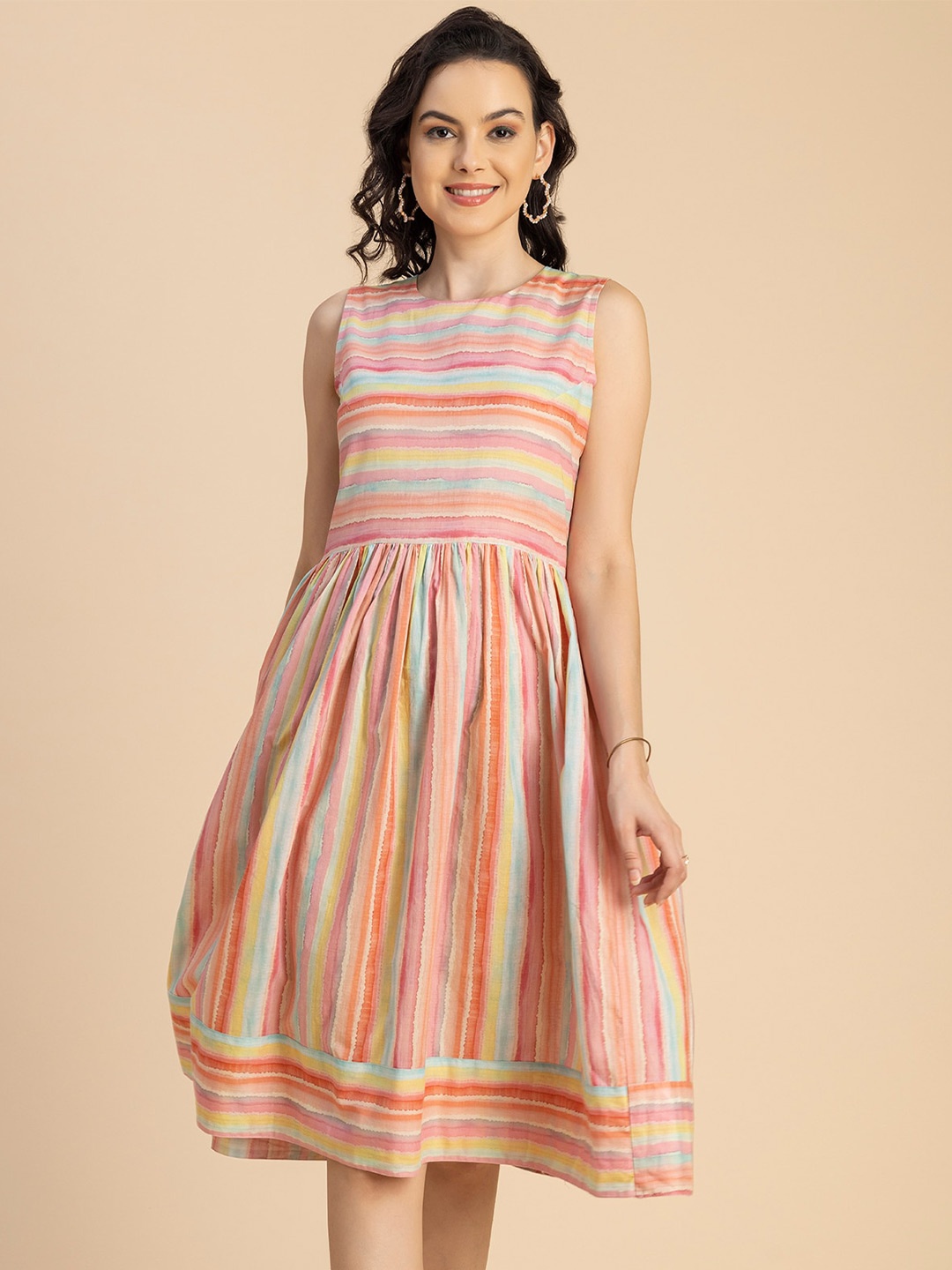 

Moomaya Round Neck Sleeveless Cotton Striped Fit & Flare Midi Dress, Pink