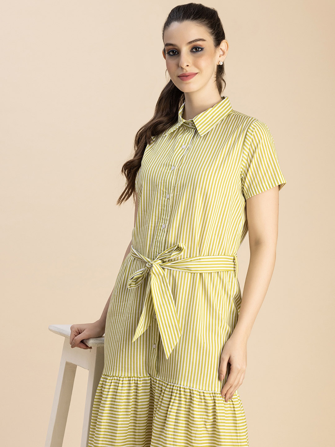 

Moomaya Striped Shirt Shirt Collar Midi A-Line Dress, Lime green