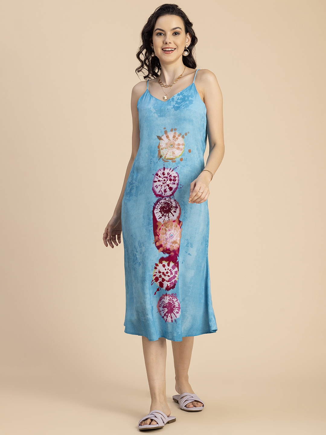 

Moomaya Floral Printed Straight A-Line Midi Dress, Blue