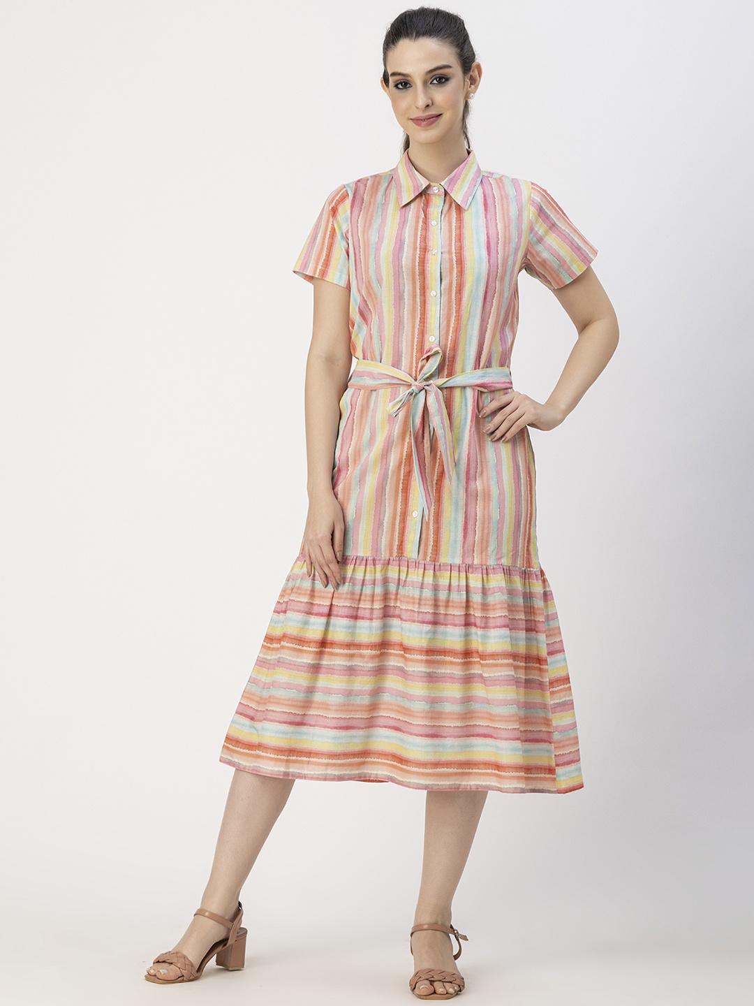 

Moomaya Striped Shirt Shirt Collar Midi A-Line Dress, Pink