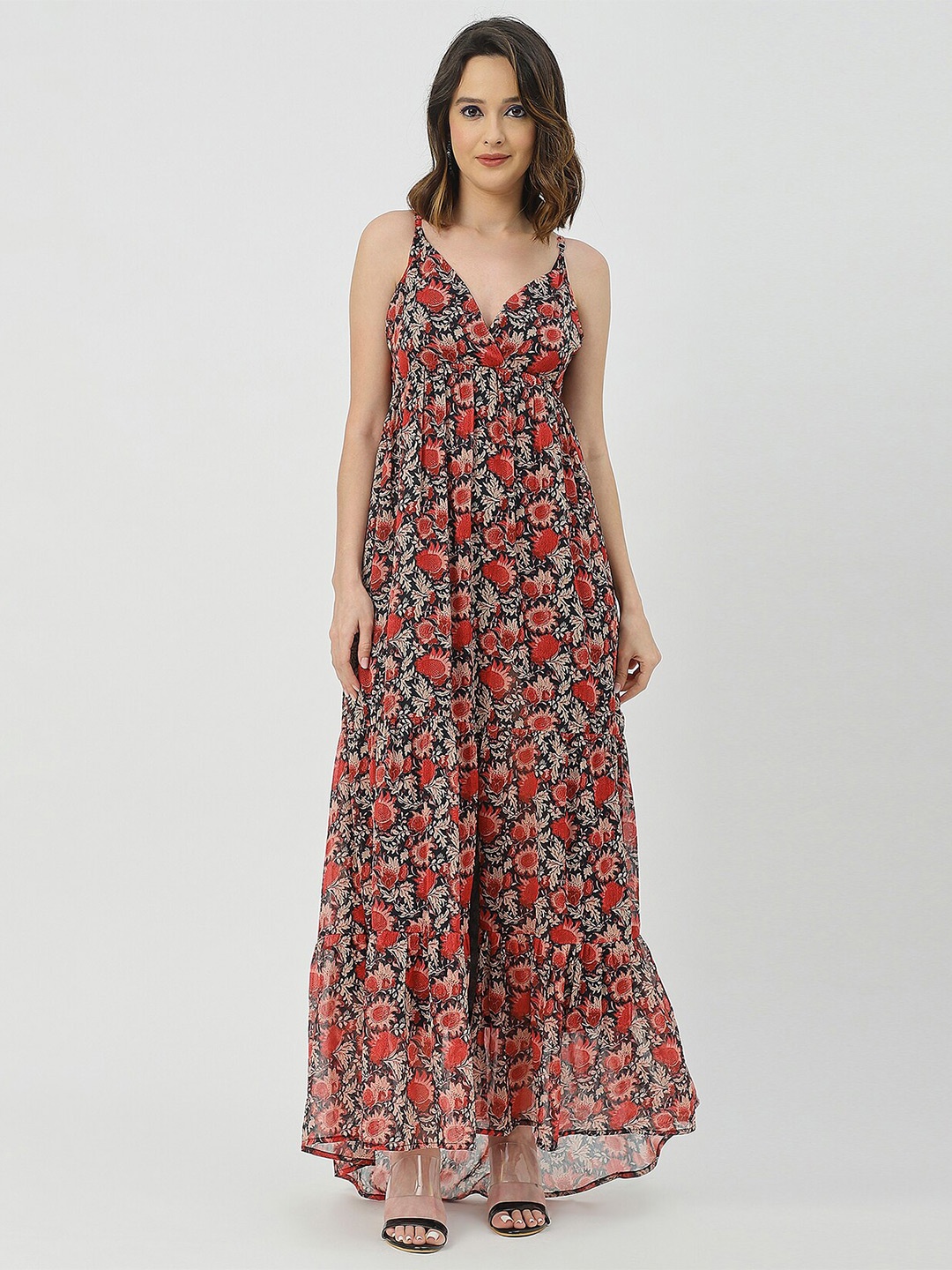 

Moomaya Shoulder Straps Floral Print Maxi Dress, Red