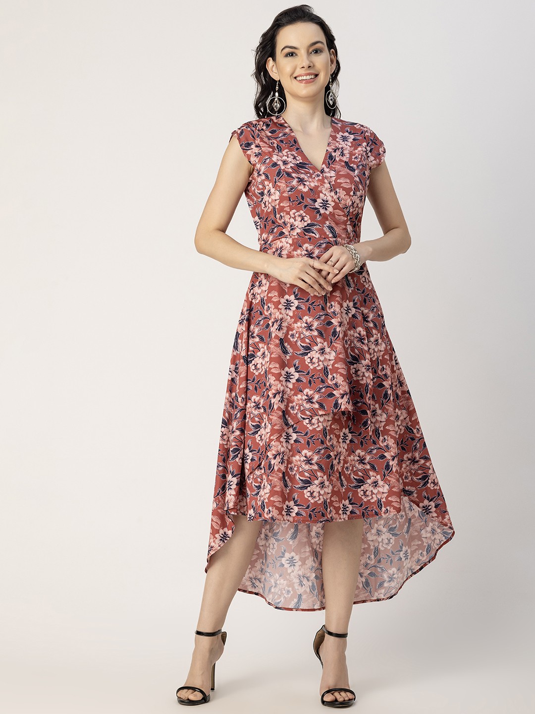 

Moomaya Floral Print V Neck Cap Sleeves Fit & Flare Midi Dress, Rust