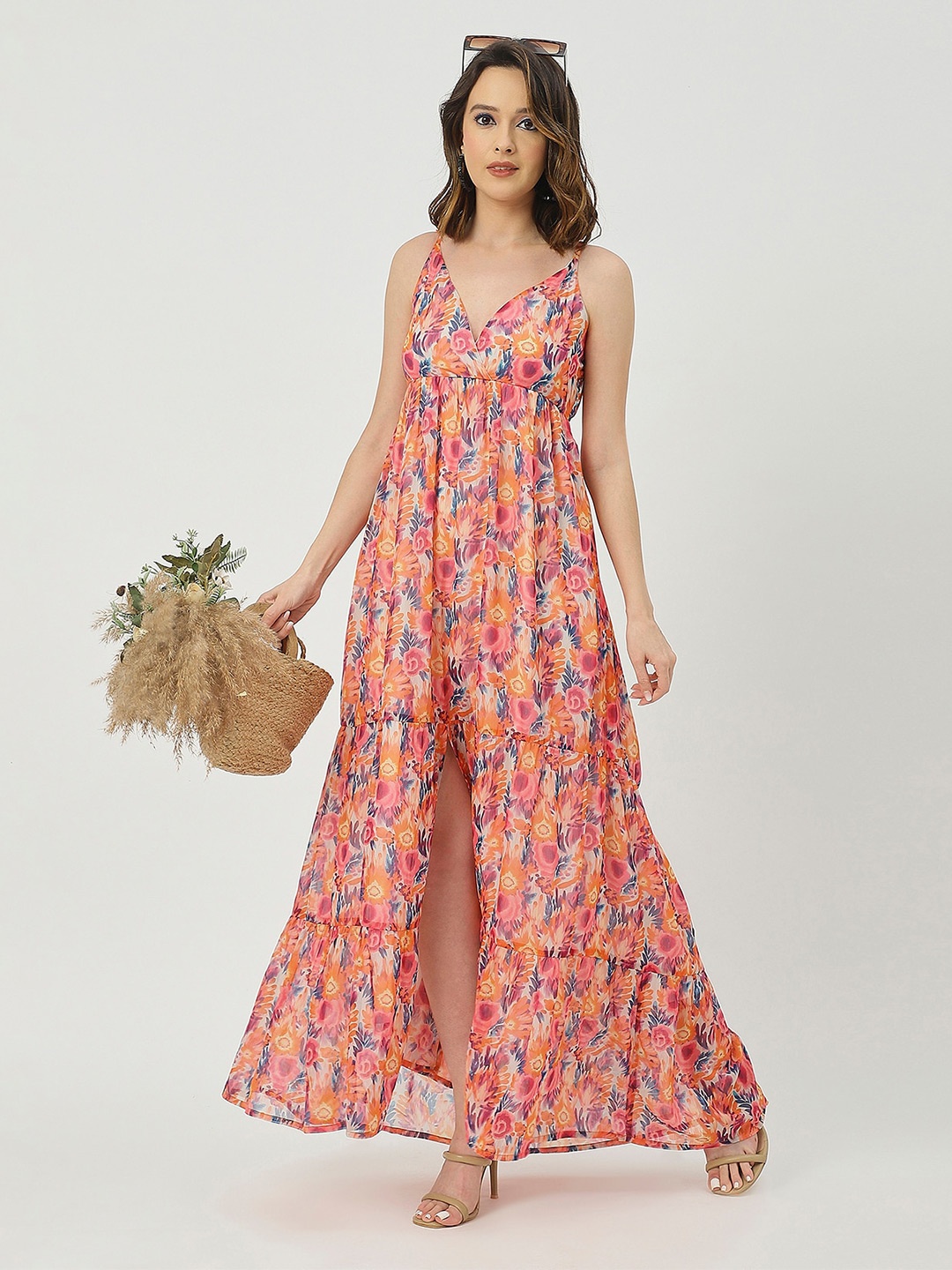 

Moomaya Floral Printed V-Neck Sleeveless Cut-Outs Tiered Maxi Dress, Pink