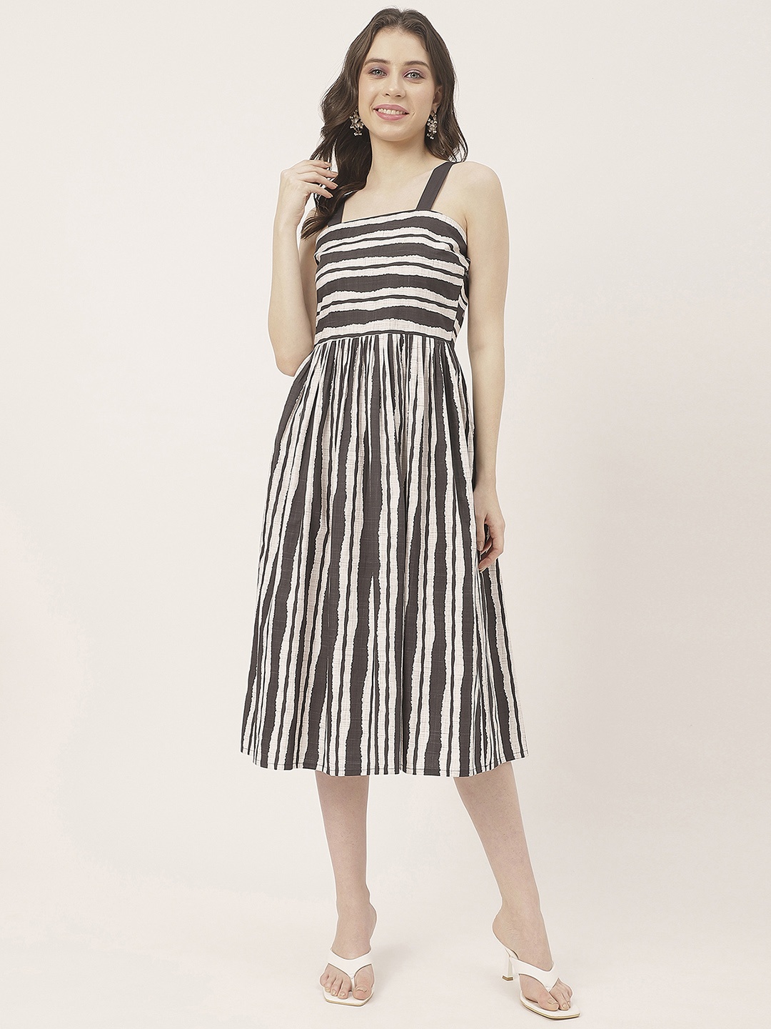 

Moomaya Striped Cotton Flared Fit & Flare Midi Dress, Black