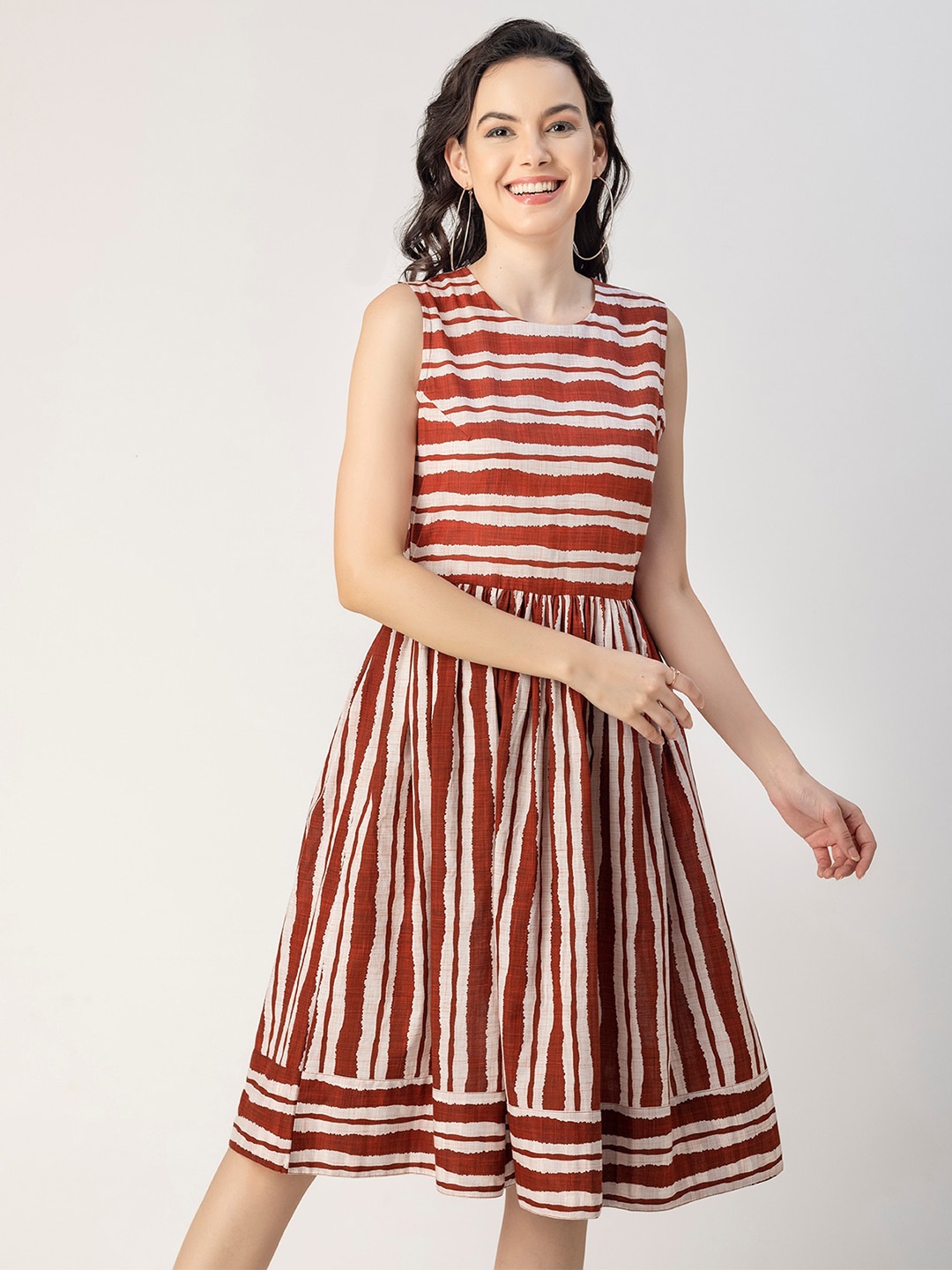 

Moomaya Round Neck Sleeveless Cotton Striped Fit & Flare Dress, Brown