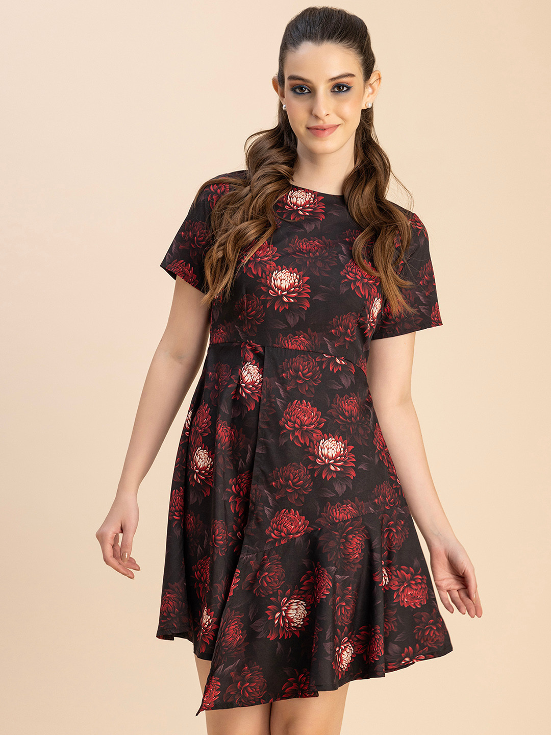 

Moomaya Floral Printed Round Neck Asymmetric Fit & Flare Dress, Red