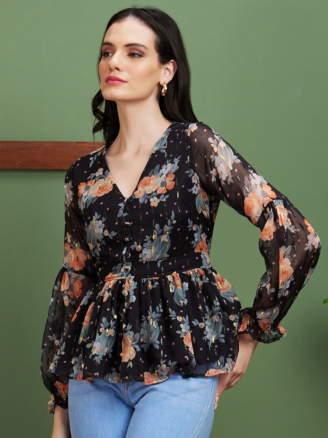 Globus Floral Print V-Neck Work Peplum Top, Black