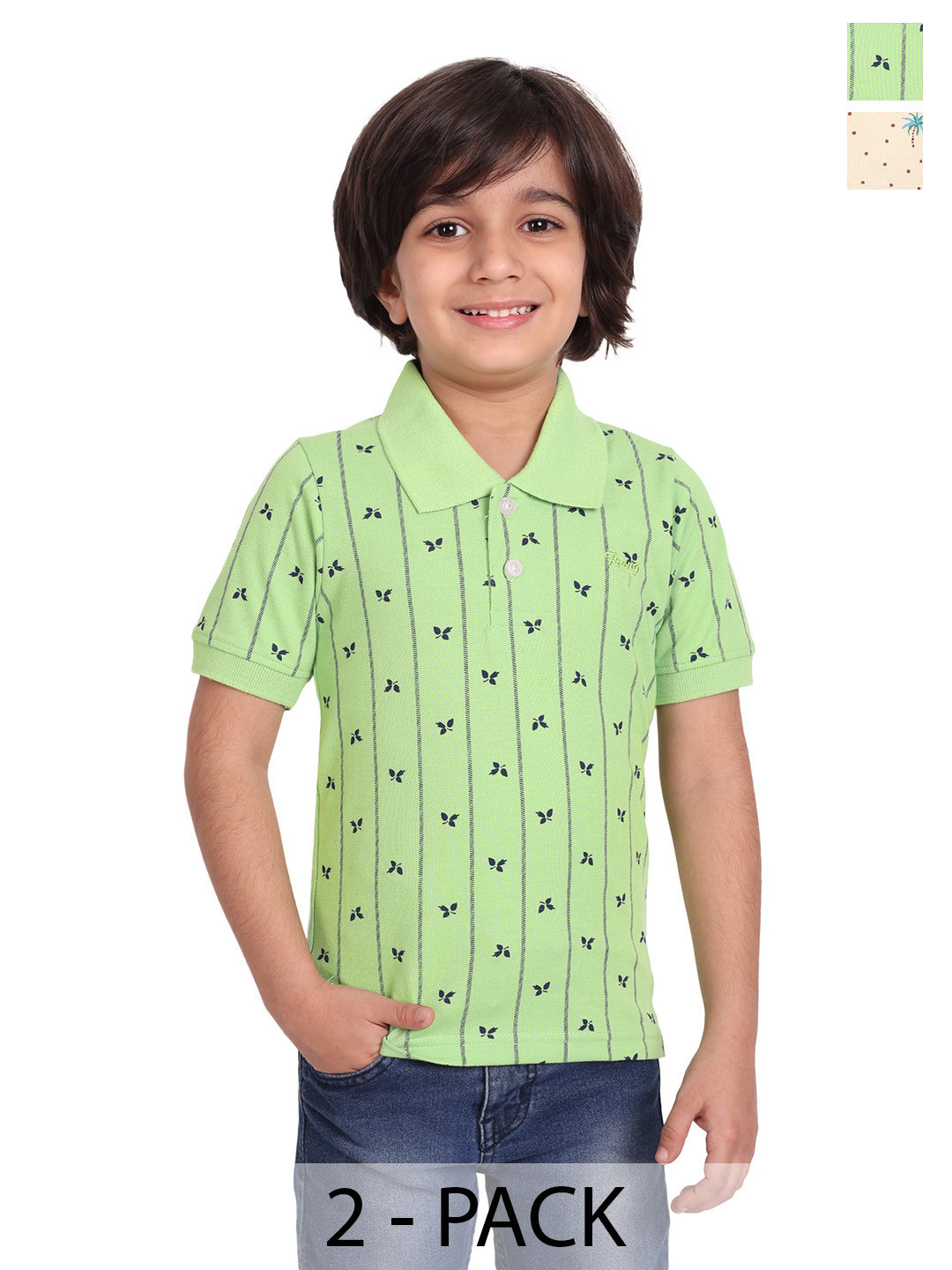 

BAESD Pack Of 2 Boys Printed Polo Collar Cotton T-shirts, Green